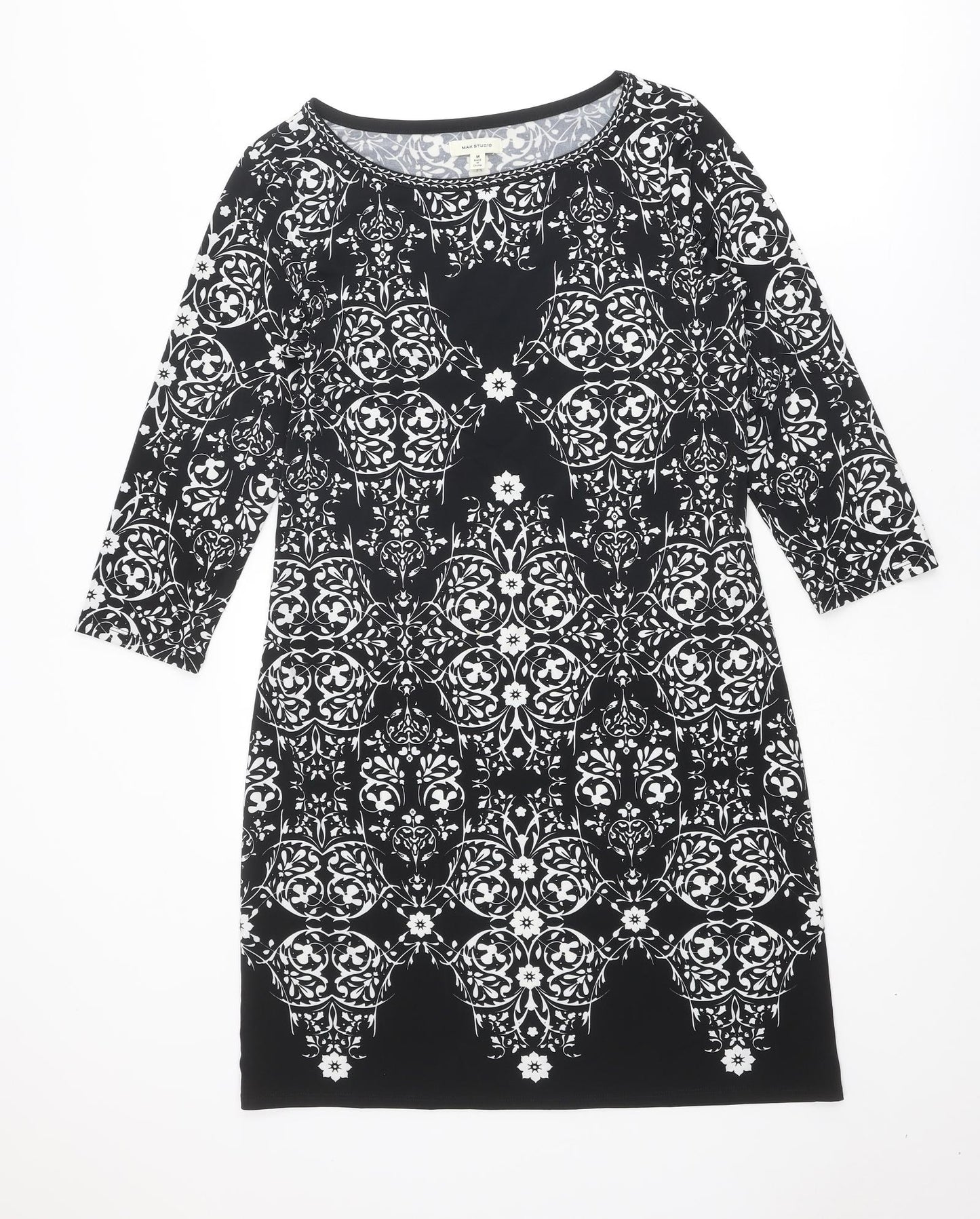 Max Studio Womens Black Geometric Polyester A-Line Size M Round Neck Pullover