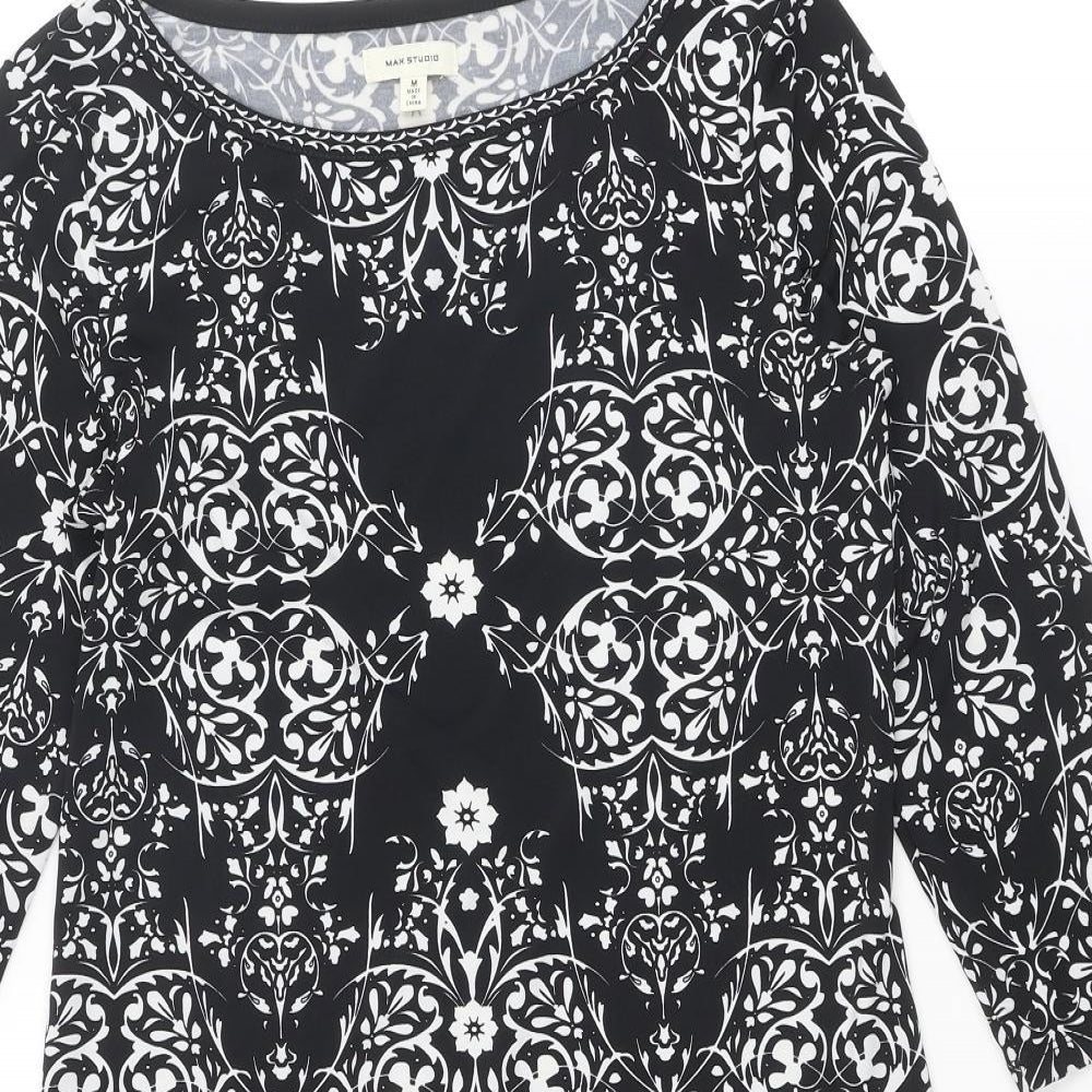 Max Studio Womens Black Geometric Polyester A-Line Size M Round Neck Pullover