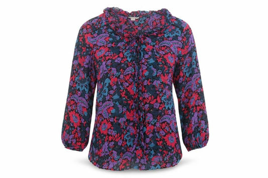 Front view of Monsoon women’s multicoloured floral viscose basic blouse, size UK 8, round neck