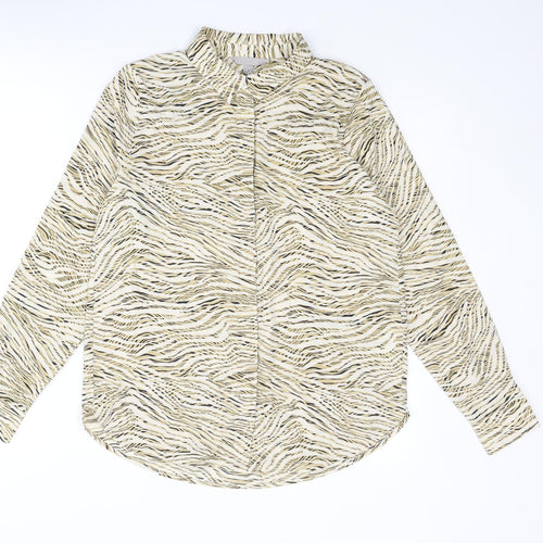 H&M Womens Beige Animal Print Polyester Basic Button-Up Size 10 Collared - Tiger Print