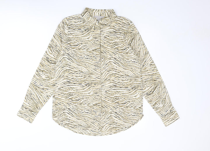 H&M Womens Beige Animal Print Polyester Basic Button-Up Size 10 Collared - Tiger Print