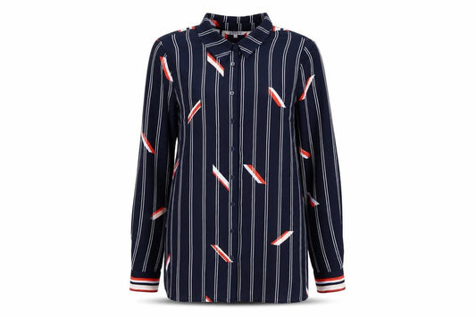Front view of Preen women’s blue striped polyester basic button-up, size UK 12, collared