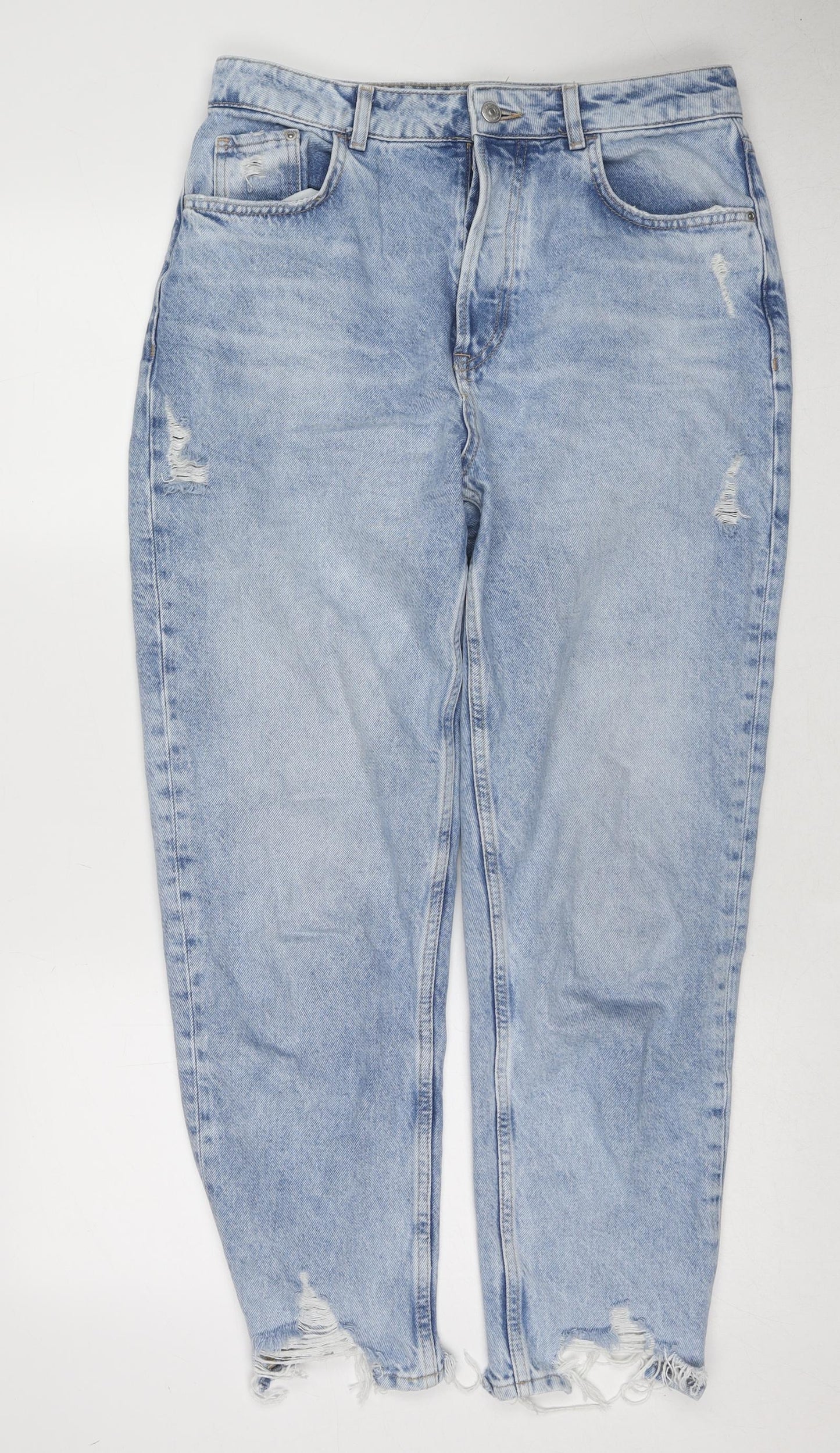 Zara Womens Blue Cotton Tapered Jeans Size 14 Regular Zip