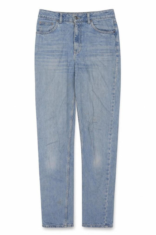 Front view of Topshop women’s blue cotton straight jeans, size UK 28, 36-inch leg regular zip