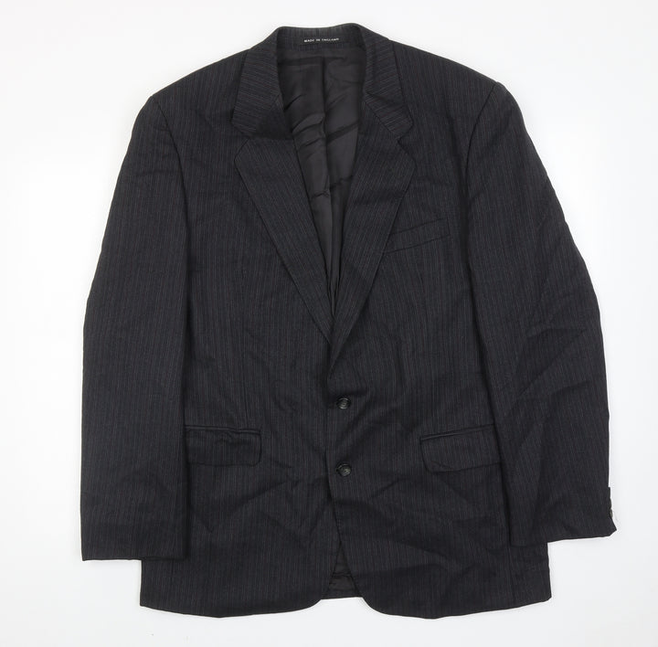 The label Mens Grey Striped Wool Jacket Suit Jacket Size 44 Regular