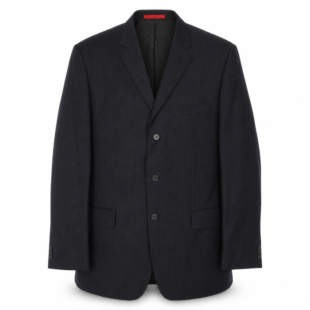 Front view of Burton men’s grey striped polyester jacket suit jacket, size 46, regular