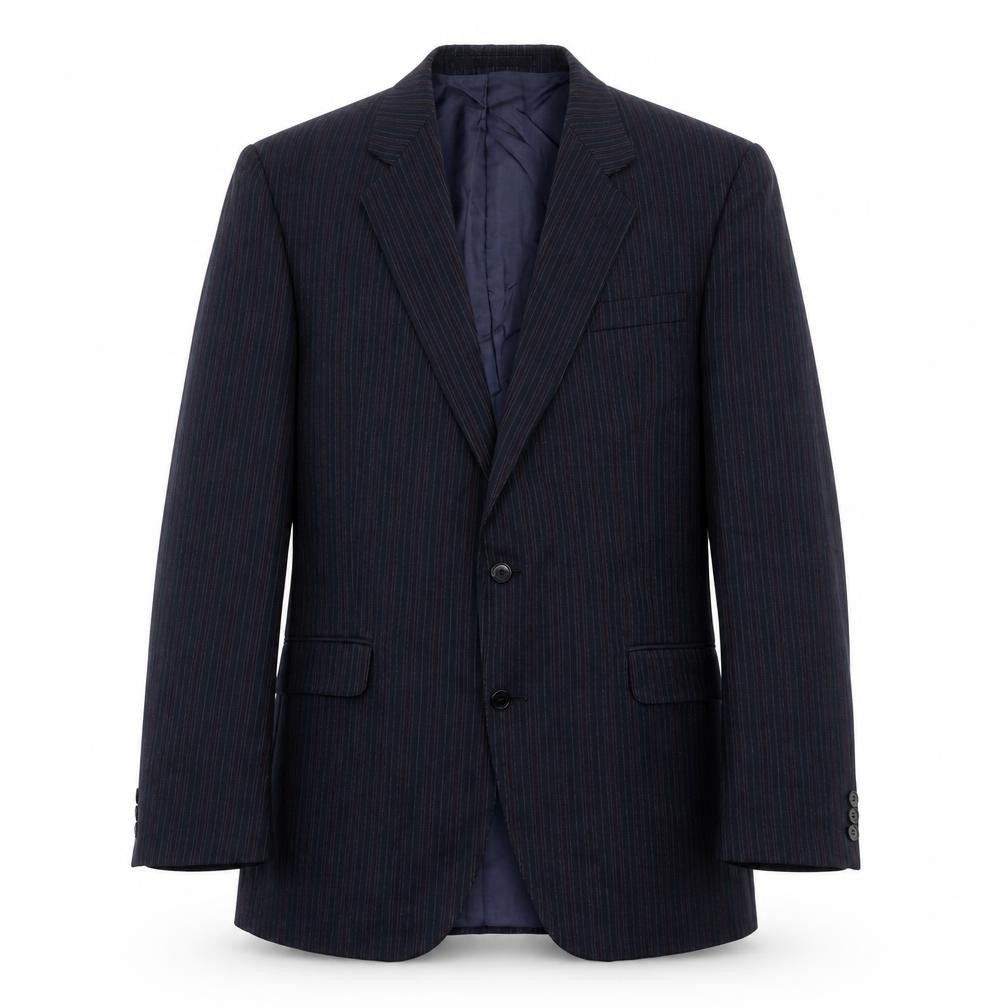 Front view of The Label men’s blue striped wool jacket suit jacket, size 44, regular