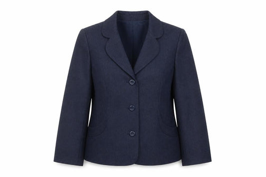 Front view of EWM women’s blue polyester jacket suit jacket, size UK 12