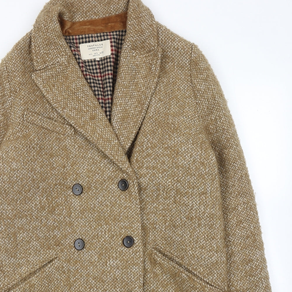 Zara Womens Brown Geometric Overcoat Coat Size L Button