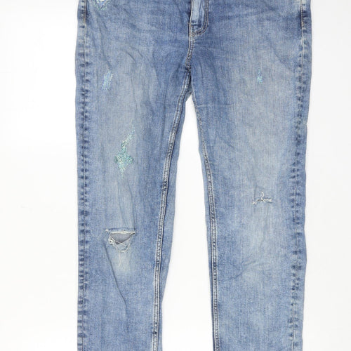 Marks and Spencer Womens Blue Cotton Straight Jeans Size 12 Slim Zip - Distressed