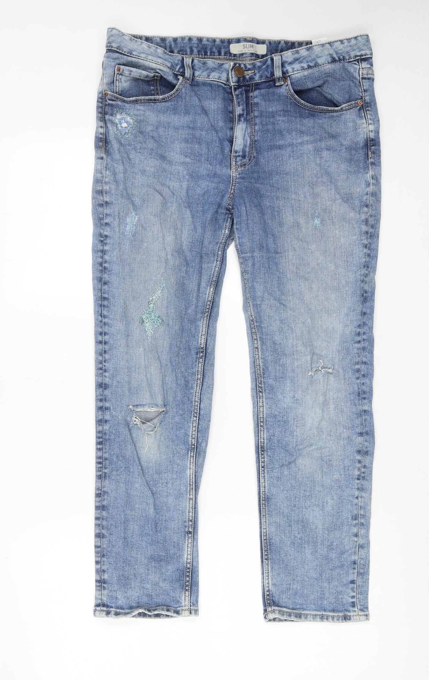 Marks and Spencer Womens Blue Cotton Straight Jeans Size 12 Slim Zip - Distressed