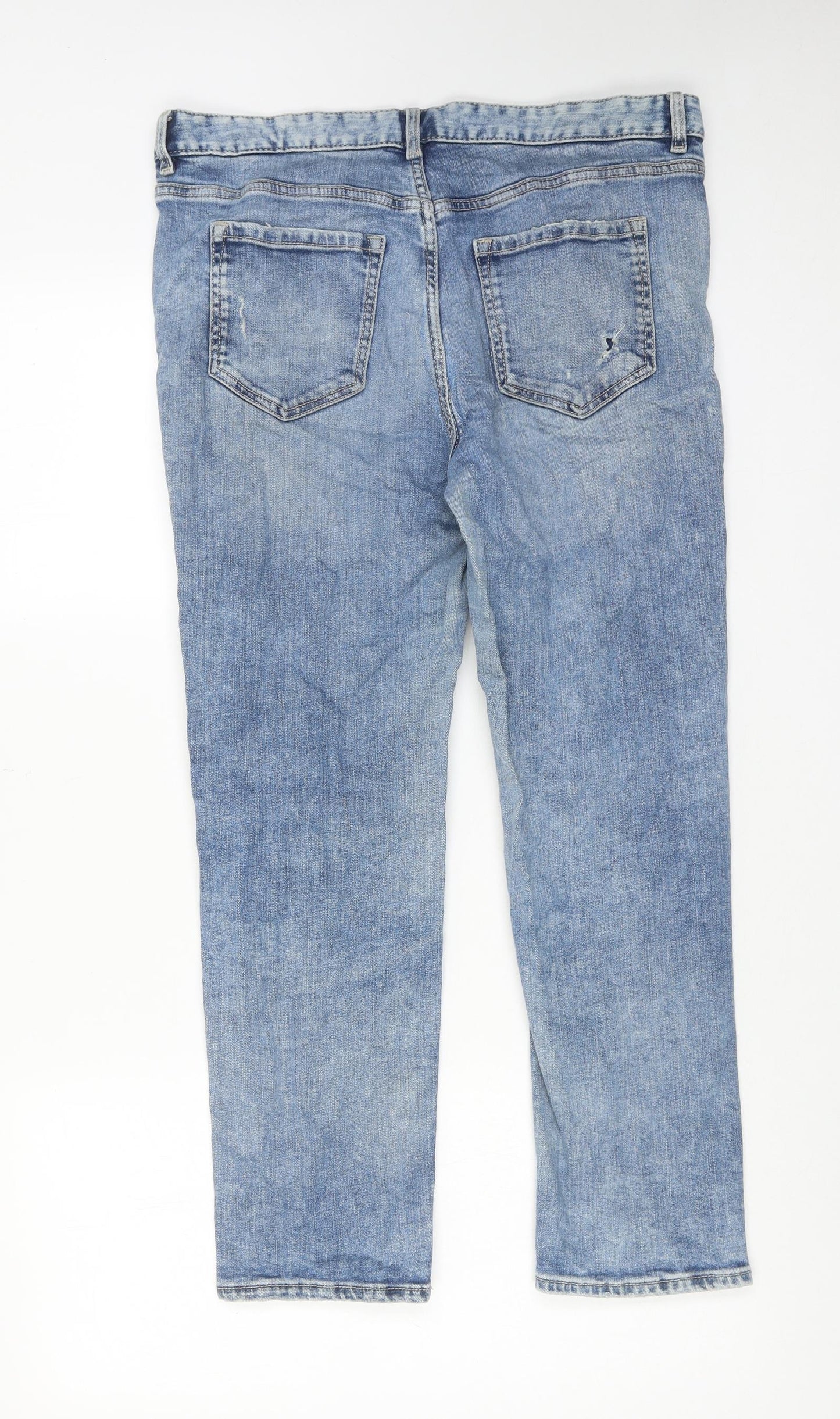 Marks and Spencer Womens Blue Cotton Straight Jeans Size 12 Slim Zip - Distressed
