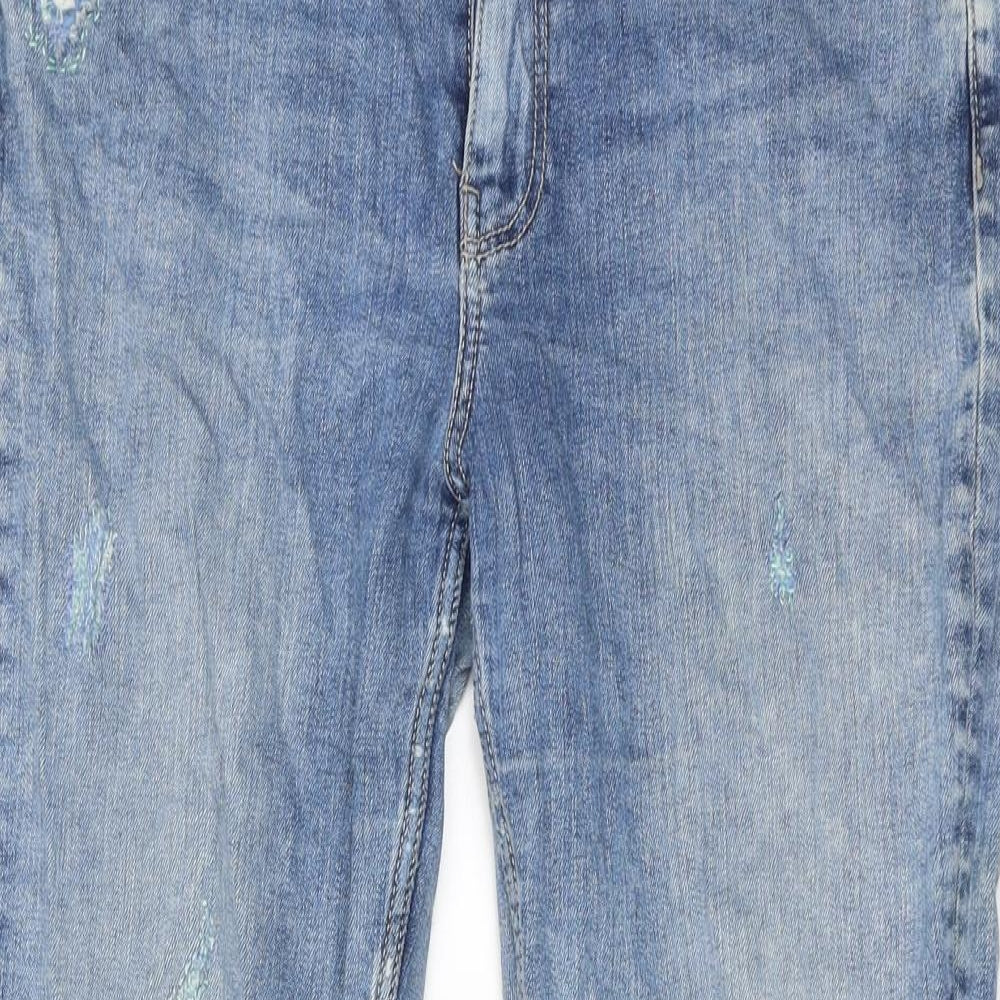 Marks and Spencer Womens Blue Cotton Straight Jeans Size 12 Slim Zip - Distressed
