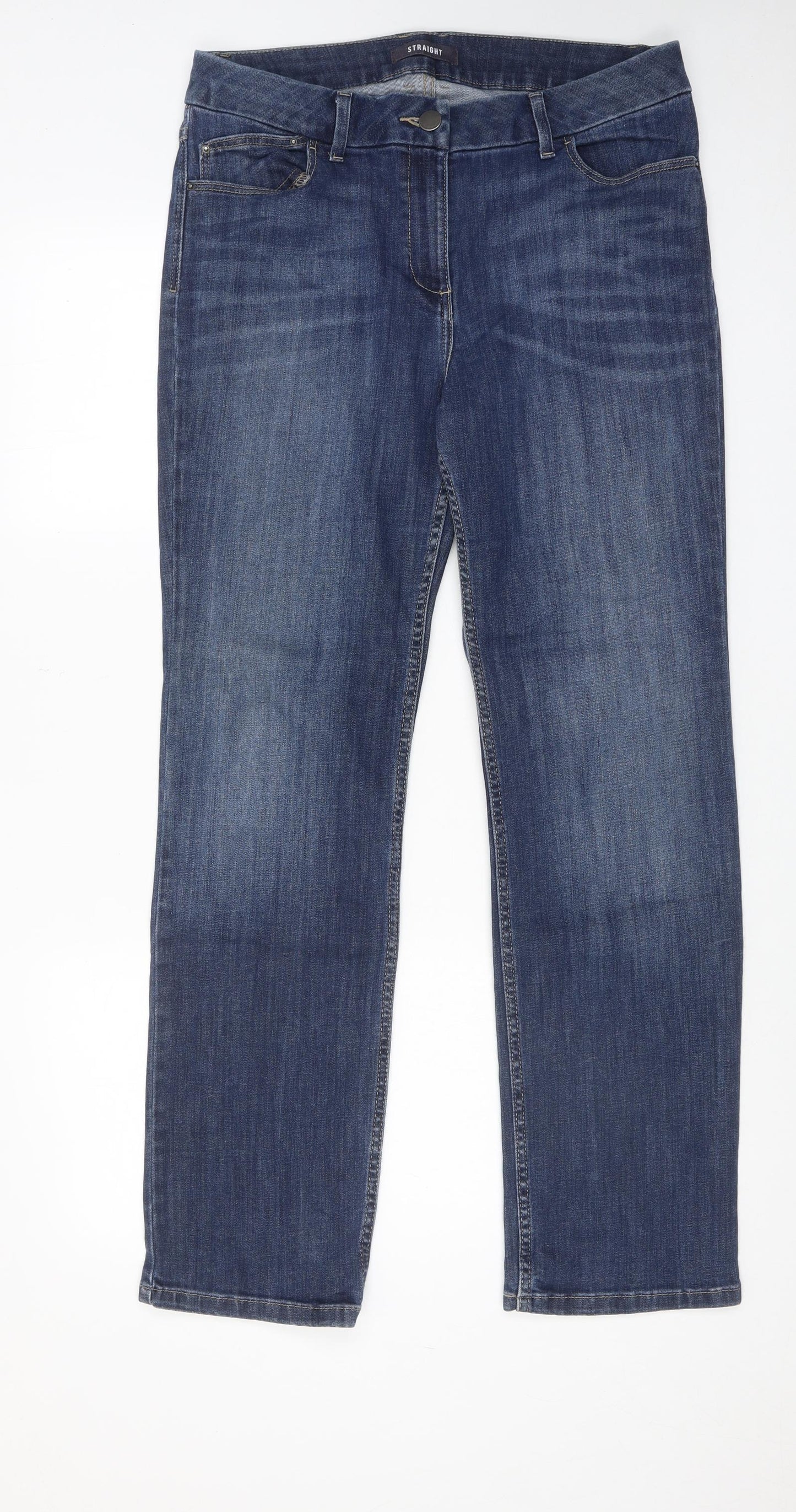 Marks and Spencer Womens Blue Cotton Straight Jeans Size 14 Regular Zip
