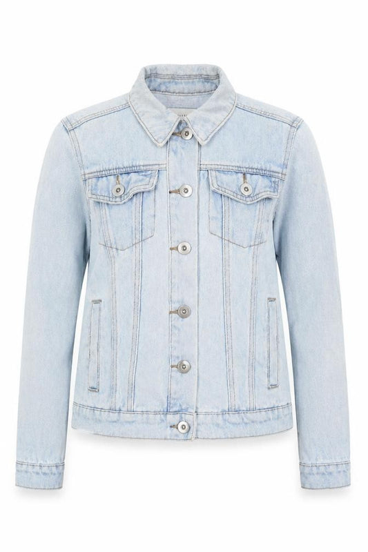 Front view of Warehouse women’s blue jacket, size UK 6, button