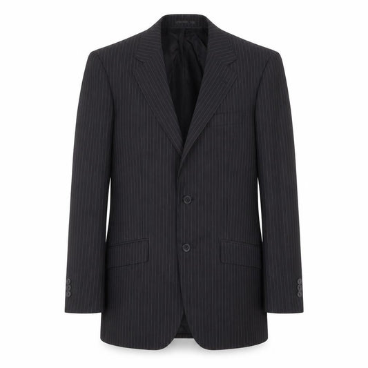 Front view of Burton men’s black striped polyester jacket suit jacket, size 36, regular