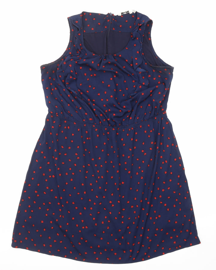 New Look Womens Blue Geometric Polyester A-Line Size 14 Round Neck Zip