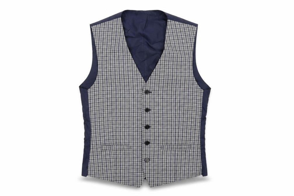Front view of Limehaus men’s blue plaid polyester jacket suit waistcoat, size 36, regular