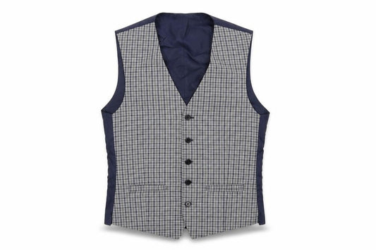 Front view of Limehaus men’s blue plaid polyester jacket suit waistcoat, size 36, regular