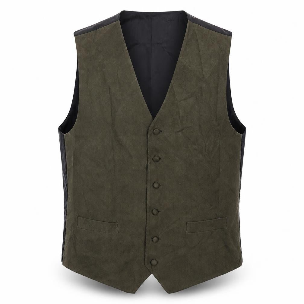 Front view of LA Smith men’s green polyester jacket suit waistcoat, size M, regular