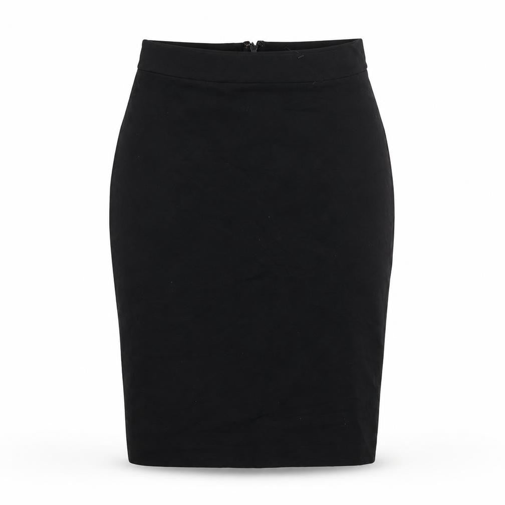 Front view of French Connection women’s black viscose bandage skirt, size UK 10, zip
