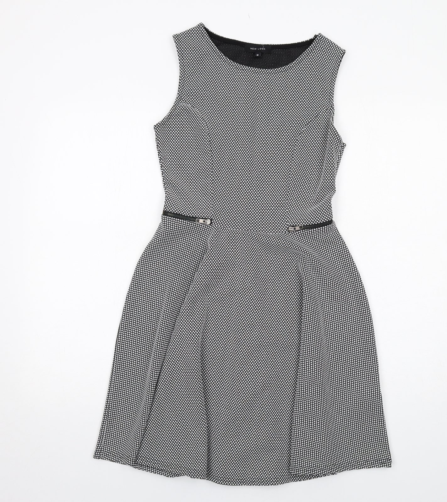 New Look Womens Black Geometric Polyester Skater Dress Size 10 Round Neck Pullover