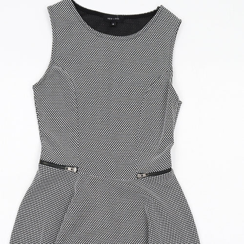 New Look Womens Black Geometric Polyester Skater Dress Size 10 Round Neck Pullover