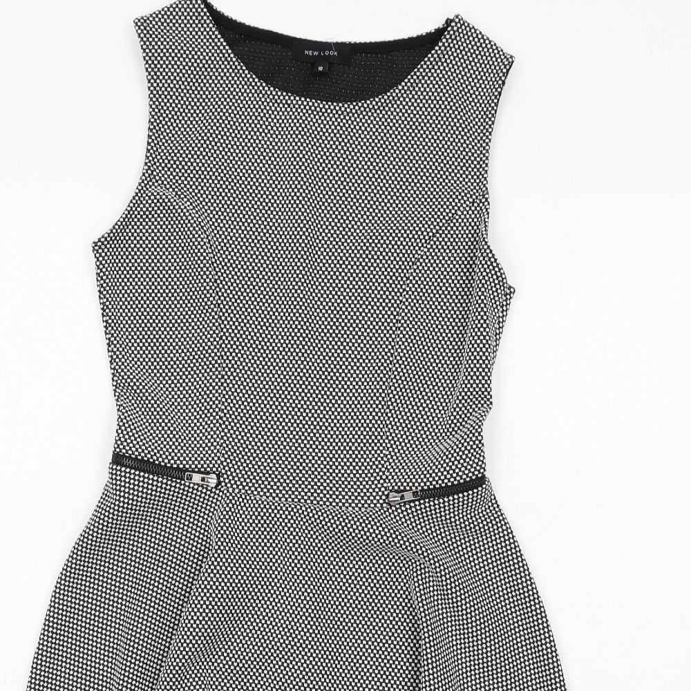 New Look Womens Black Geometric Polyester Skater Dress Size 10 Round Neck Pullover