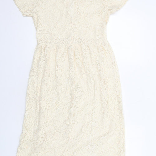 Miss Selfridge Womens Ivory Floral Cotton A-Line Size 10 Round Neck Button
