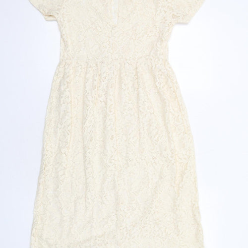 Miss Selfridge Womens Ivory Floral Cotton A-Line Size 10 Round Neck Button