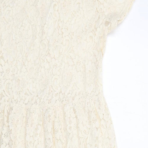 Miss Selfridge Womens Ivory Floral Cotton A-Line Size 10 Round Neck Button