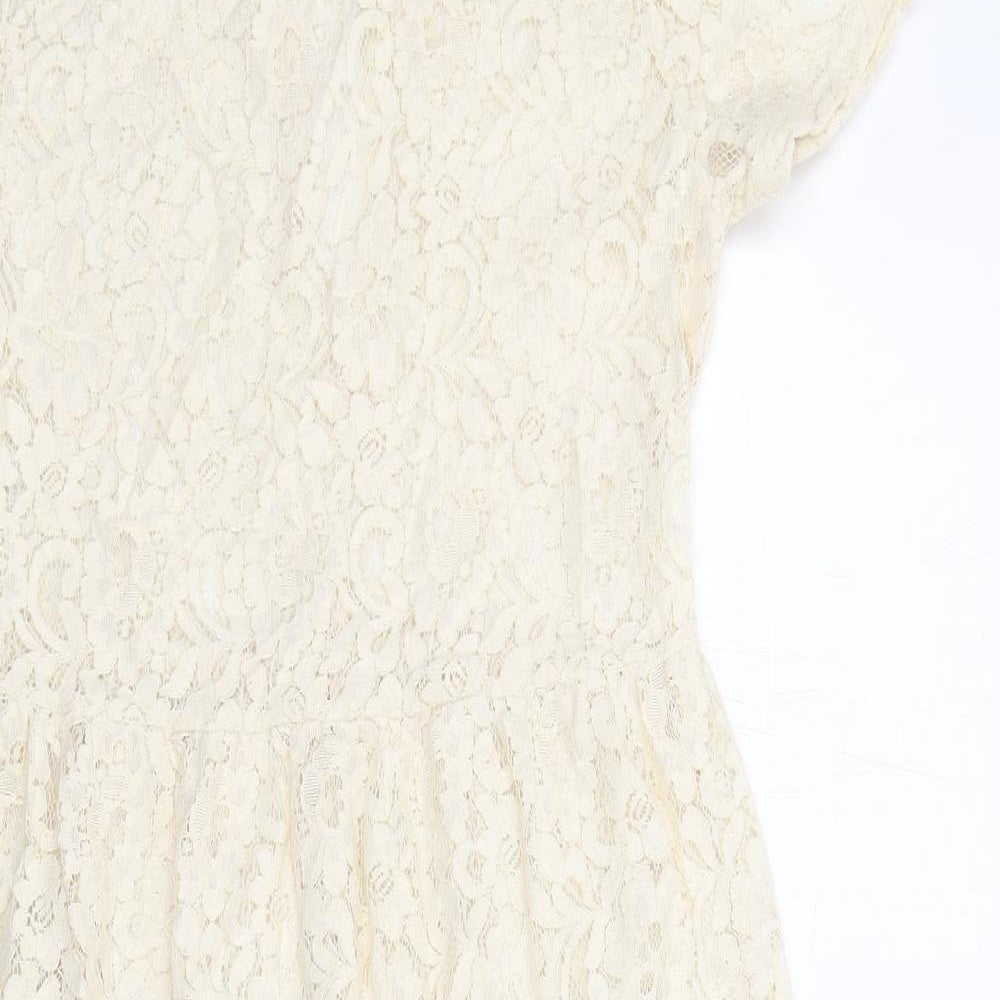 Miss Selfridge Womens Ivory Floral Cotton A-Line Size 10 Round Neck Button