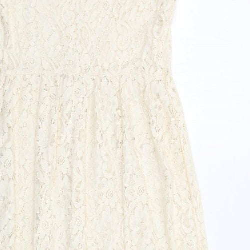 Miss Selfridge Womens Ivory Floral Cotton A-Line Size 10 Round Neck Button
