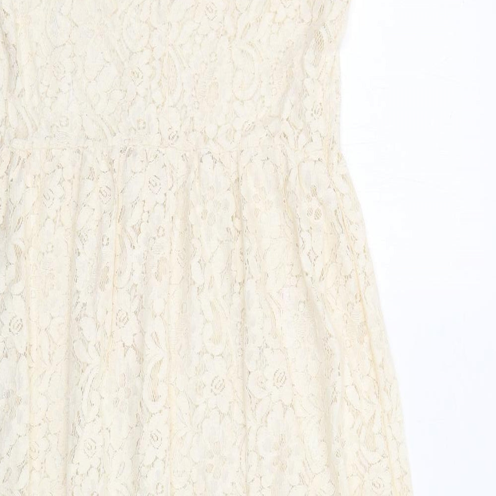 Miss Selfridge Womens Ivory Floral Cotton A-Line Size 10 Round Neck Button