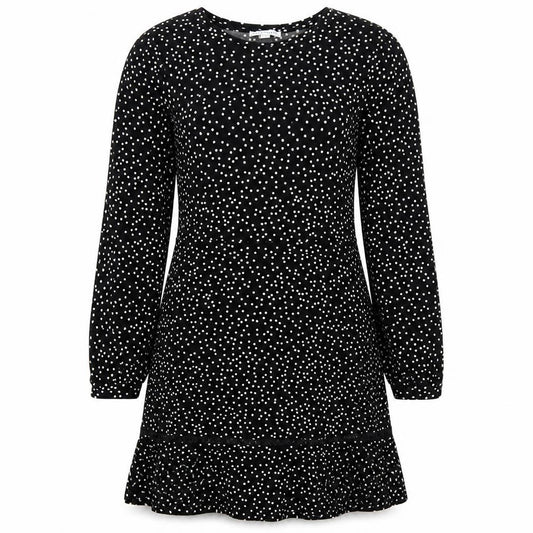 Front view of Warehouse women’s black polka dot polyester a-line, size UK 10, round neck pullover