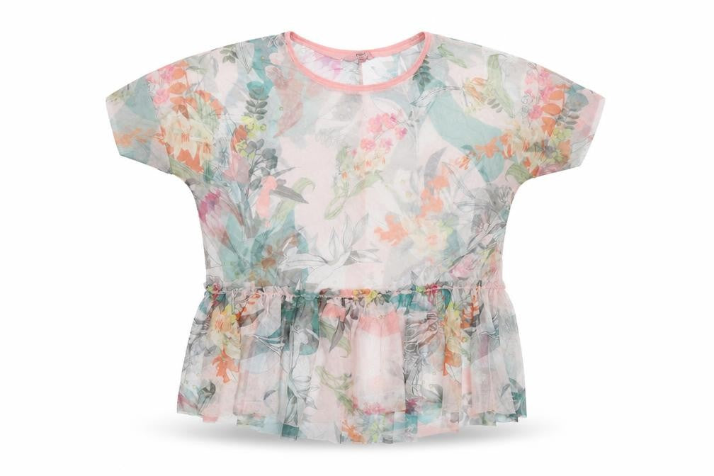 Front view of Next women’s multicoloured floral polyester basic t-shirt, size UK 10, round neck