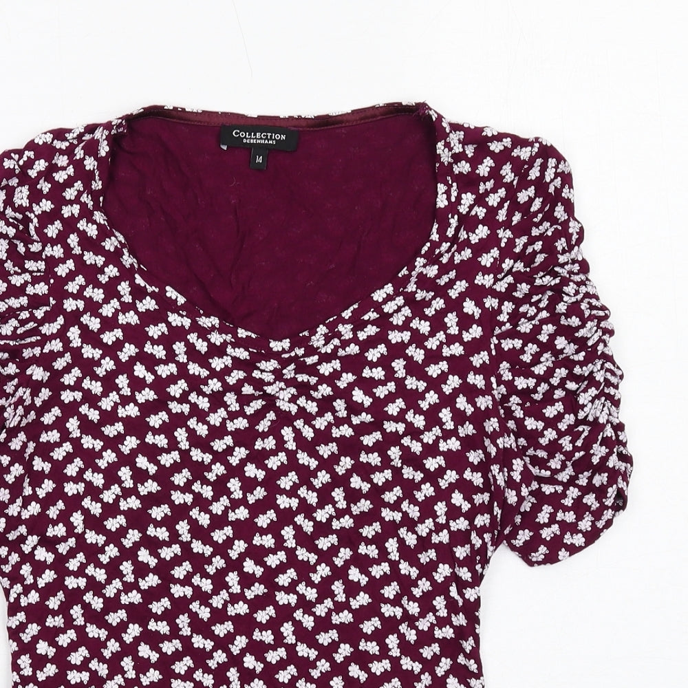 Debenhams Womens Purple Floral Viscose Basic T-Shirt Size 14 Scoop Neck