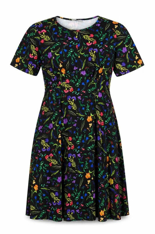 Front view of ASOS women’s multicoloured floral polyester t-shirt dress, size UK 8, round neck pullover