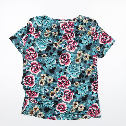 Anna Rose Womens Blue Floral Polyester Basic T-Shirt Size M Round Neck