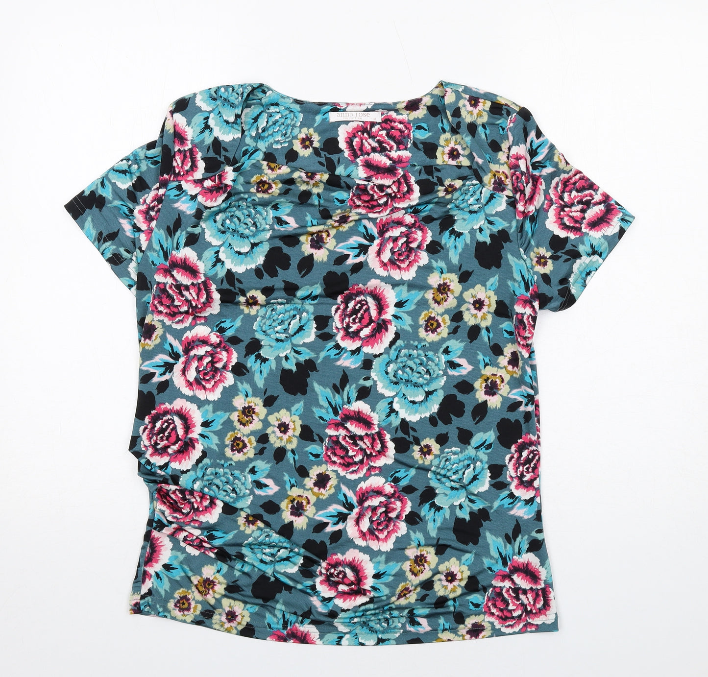 Anna Rose Womens Blue Floral Polyester Basic T-Shirt Size M Round Neck