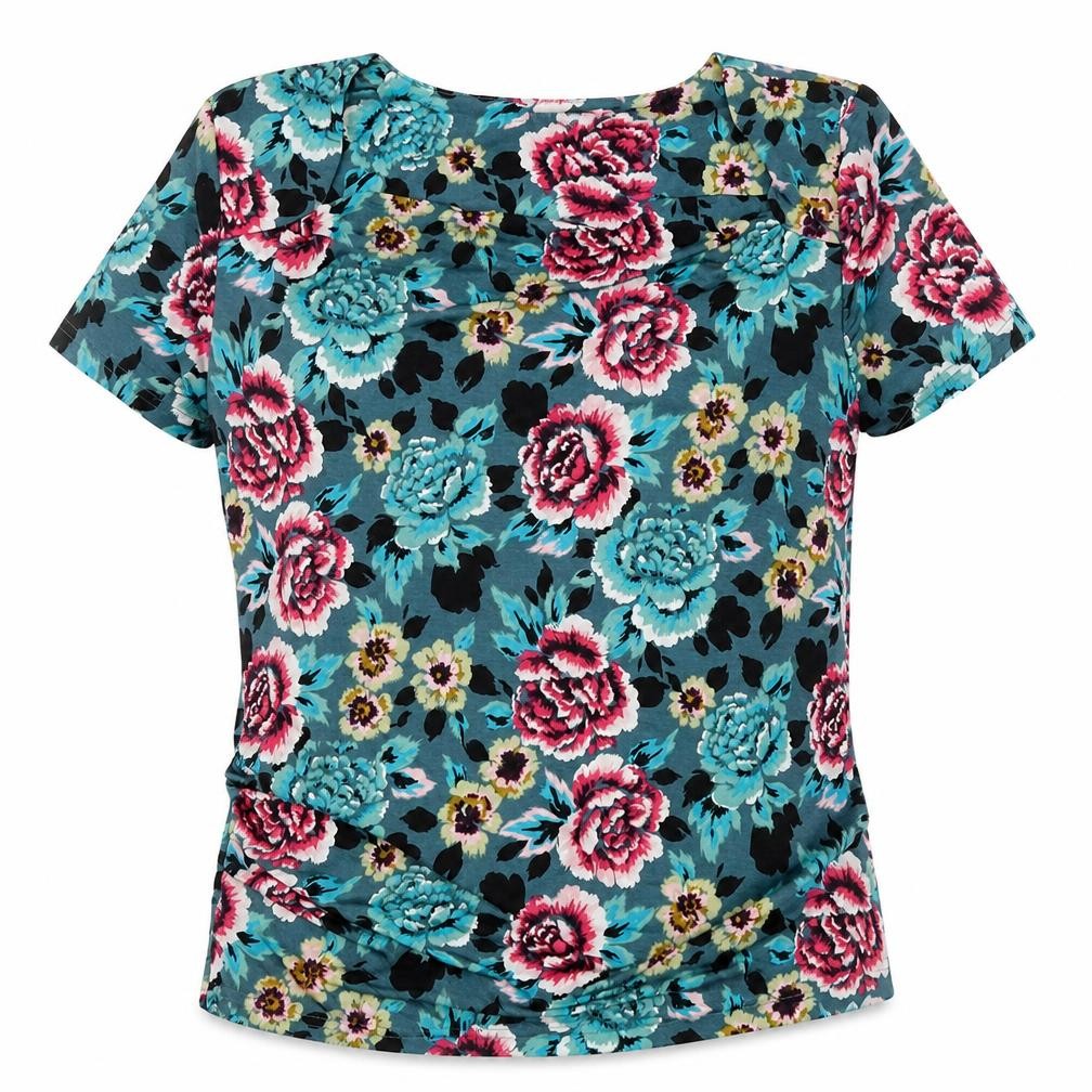 Front view of Anna Rose women’s blue floral polyester basic t-shirt, size M, round neck
