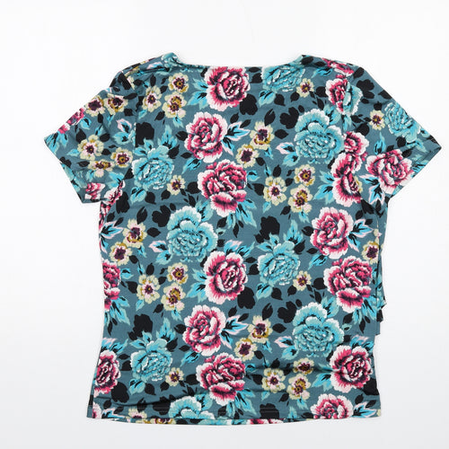 Anna Rose Womens Blue Floral Polyester Basic T-Shirt Size M Round Neck