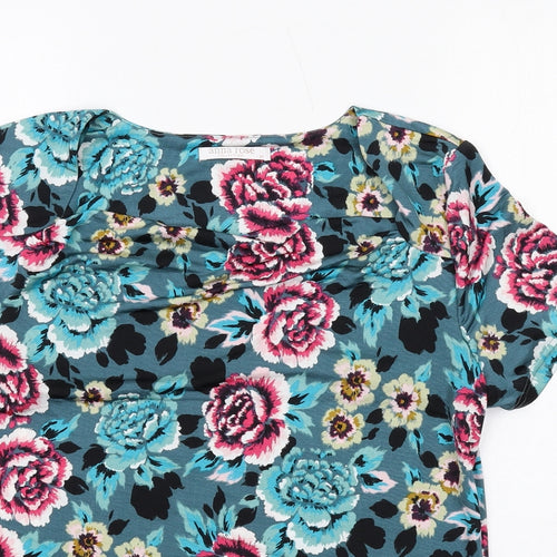 Anna Rose Womens Blue Floral Polyester Basic T-Shirt Size M Round Neck