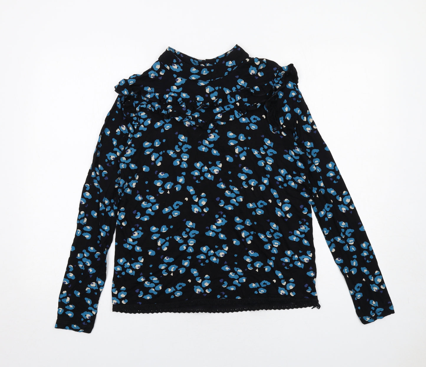 NEXT Womens Black Animal Print Viscose Basic T-Shirt Size 12 Mock Neck - Leopard Print
