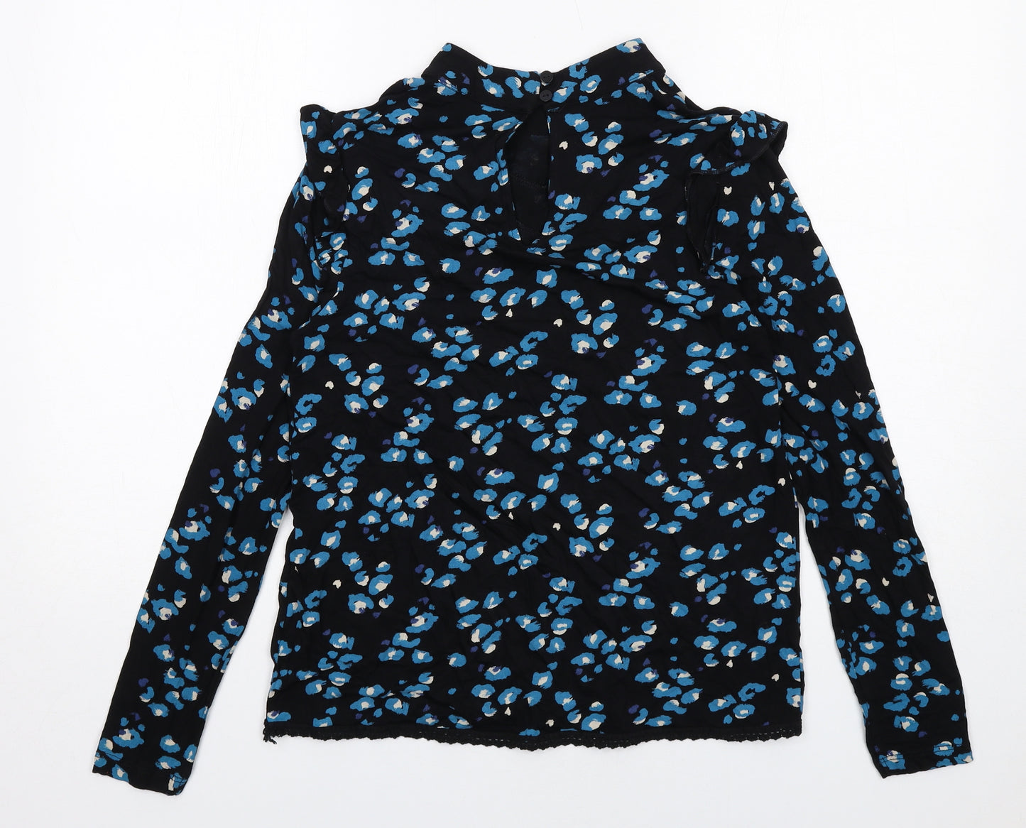 NEXT Womens Black Animal Print Viscose Basic T-Shirt Size 12 Mock Neck - Leopard Print