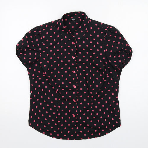 Marks and Spencer Womens Black Polka Dot Polyester Basic Button-Up Size 14 Collared
