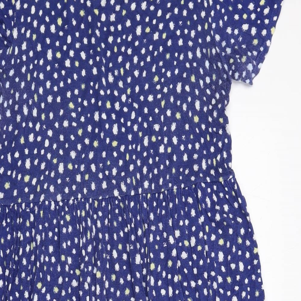 Wednesday's Girl Womens Blue Geometric Viscose T-Shirt Dress Size 14 Round Neck Button