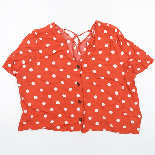 Warehouse Womens Orange Polka Dot Viscose Basic Button-Up Size 18 V-Neck