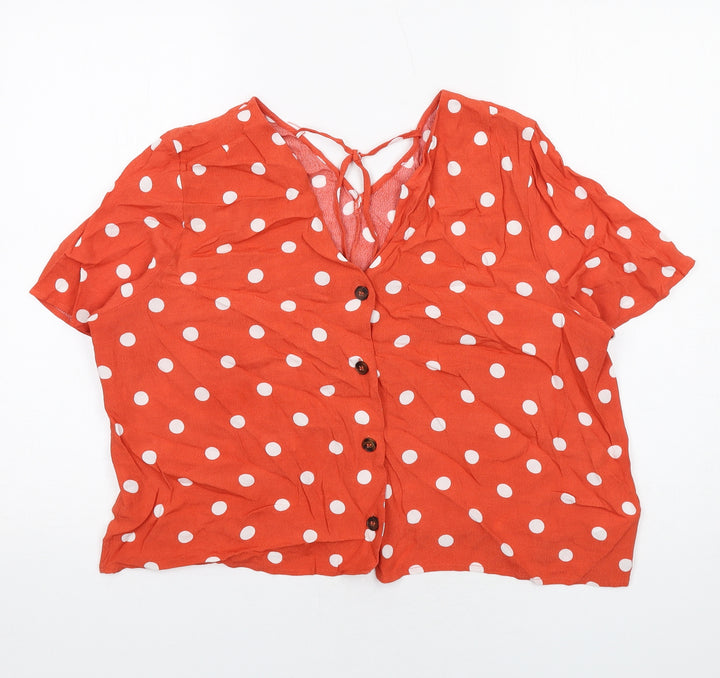 Warehouse Womens Orange Polka Dot Viscose Basic Button-Up Size 18 V-Neck