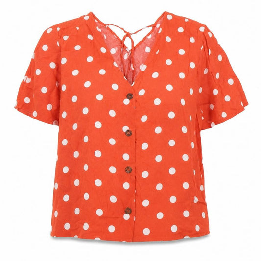 Front view of Warehouse women’s orange polka dot viscose basic button-up, size UK 18, v-neck